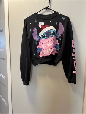 H&M Black Cropped Crewneck Sweater with Pink & Blue Stitch Graphic